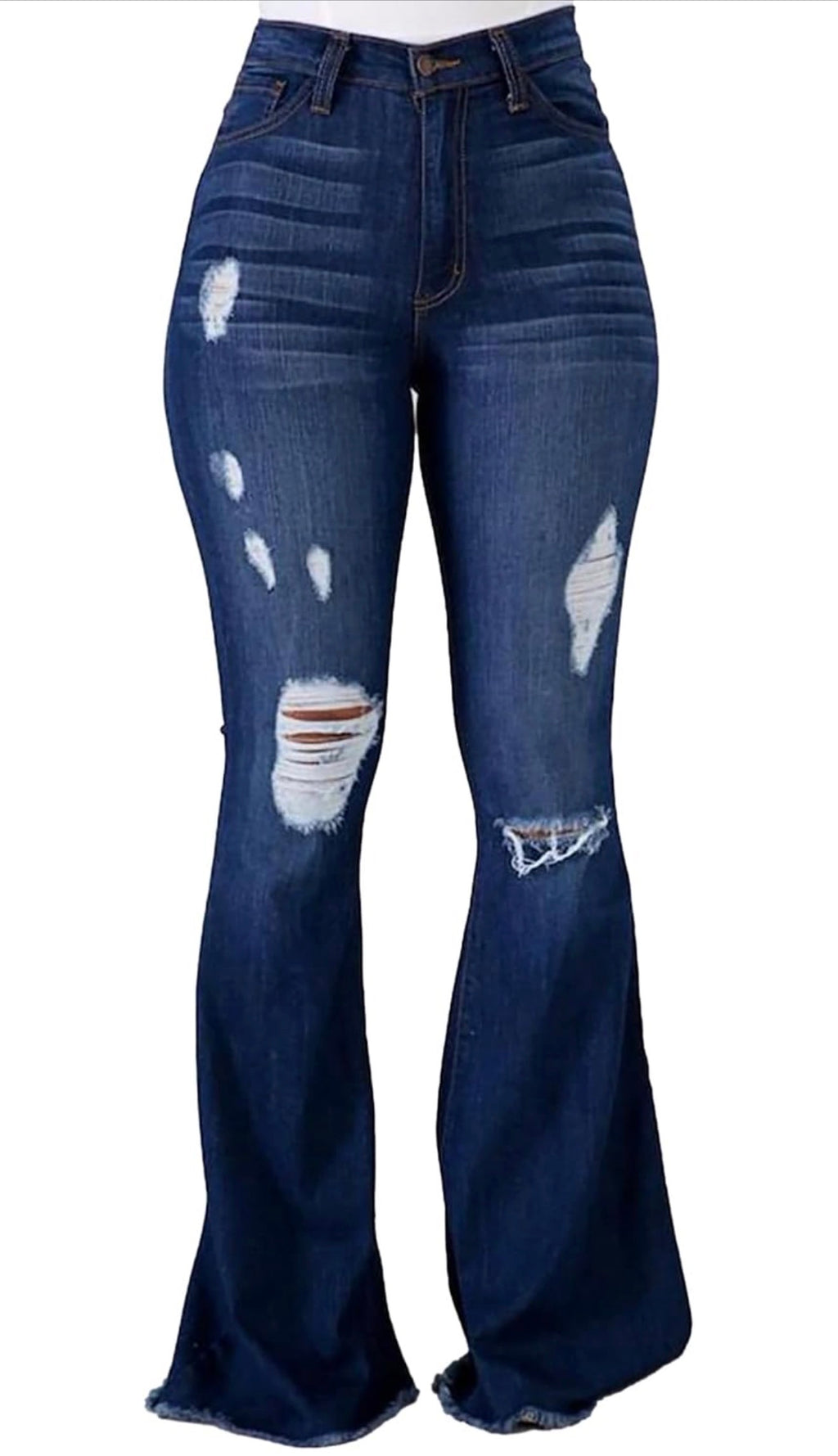 Women’s High-Waisted Distressed Flare Jeans – Dark Wash Stretch Denim